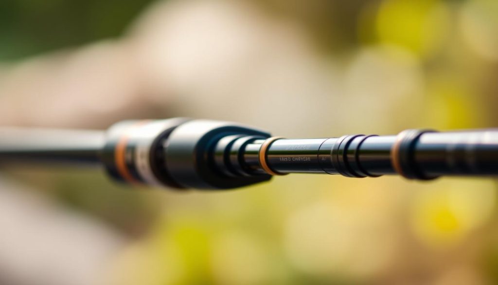 A high-quality, sturdy feeder fishing rod, crafted with precision. The rod's body is made of a lightweight, durable carbon fiber composite, with a sleek matte finish. The reel seat is ergonomically designed, allowing for a comfortable and secure grip. The guides are precisely positioned, ensuring smooth line flow and exceptional casting performance. In the foreground, the rod's intricate construction is visible, showcasing the thoughtful engineering and attention to detail. The middle ground features the rod's solid, reliable components, such as the reinforced ferrule and the sturdy butt section. The background blurs, creating a sense of focus on the rod's key features. The lighting is soft and natural, highlighting the rod's elegant silhouette and accentuating its premium craftsmanship.