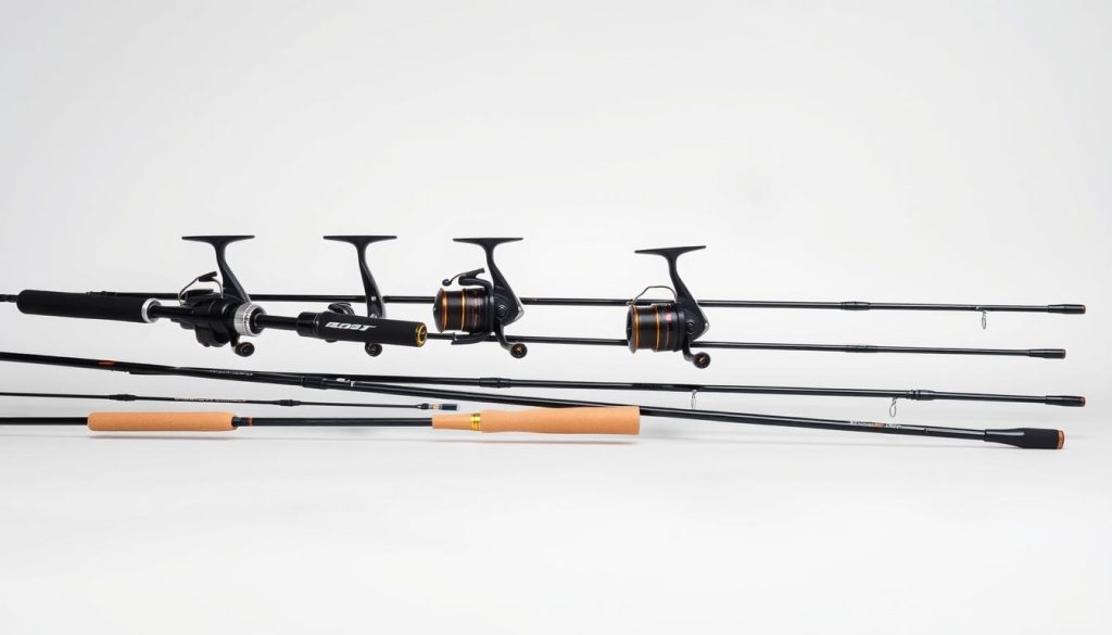 A high-quality, well-lit studio photograph of the top 5 best fishing spinning rods for 2025, arranged in a row against a plain white backdrop. The rods are presented in a visually appealing and professional manner, showcasing their sleek designs, advanced features, and high-end materials. The lighting accentuates the textures and colors of the rods, creating a sense of depth and clarity. The image captures the essence of the finest angling equipment available in the near future, emphasizing their technological advancements and premium craftsmanship.