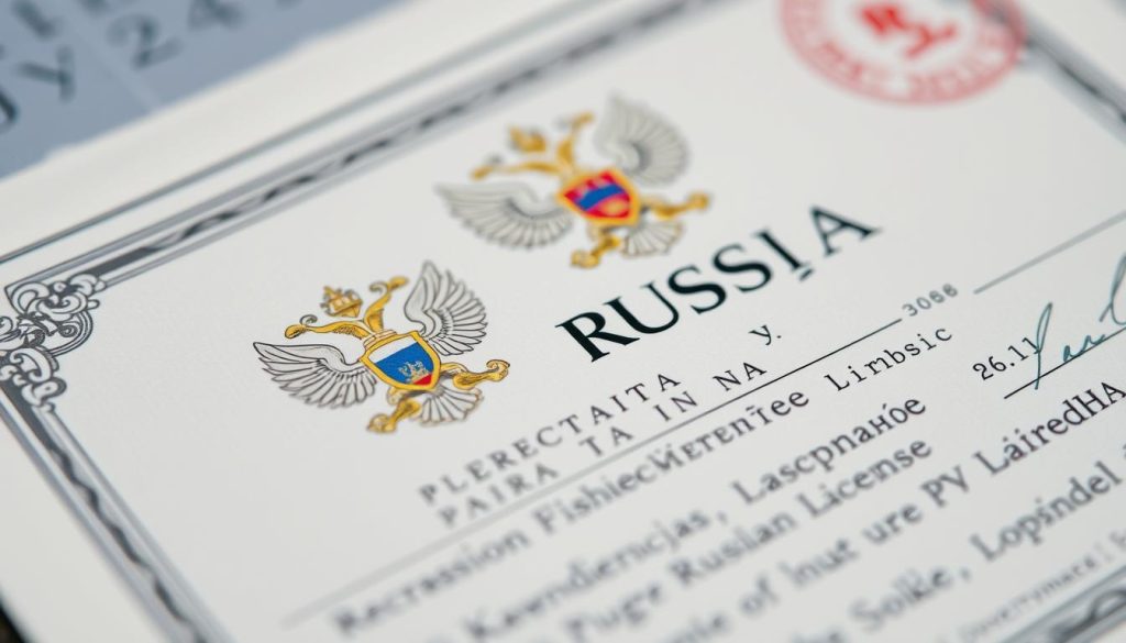 A high-resolution close-up shot of a fishing license document, featuring a detailed illustration of the Russian state emblem, intricate border patterns, and official government seals. The document is presented in a crisp, well-lit setting, with a shallow depth of field that emphasizes the textures and fine details. The overall composition conveys a sense of authority, legitimacy, and the importance of proper licensing for recreational fishing activities.