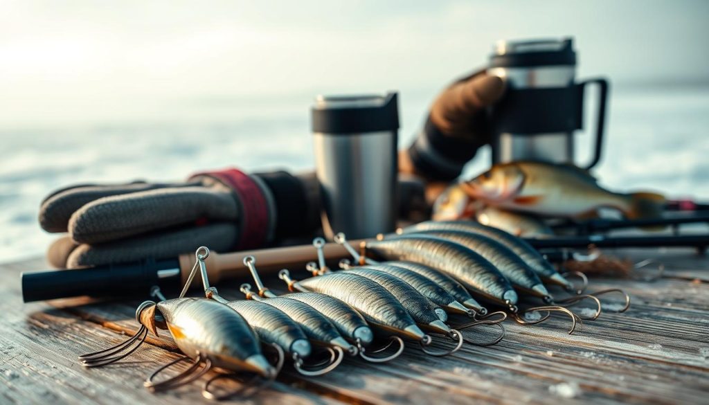 A high-resolution, detailed image of winter fishing equipment for perch on a jigging spoon. In the foreground, a variety of balanced spoons, jigs, and ice fishing rods are neatly arranged on a wooden surface, their metallic and plastic components reflecting the soft, diffused lighting. In the middle ground, a pair of warm winter gloves and a thermos cup add a sense of the outdoor setting. The background fades into a hazy, snowy landscape, with a subtle gradient of blues and whites suggesting the chilly, serene atmosphere of a frozen lake. The overall composition conveys the specialized gear and thoughtful preparation required for successful winter perch angling.