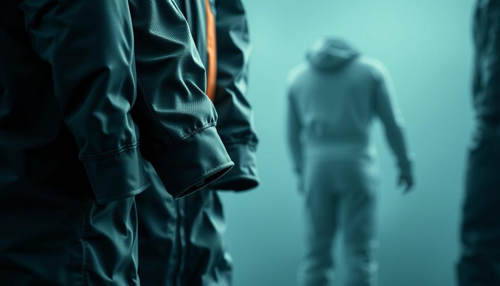 A high-resolution, hyper-realistic photograph of various fishing suit materials and technologies. The foreground features close-up details of different fabrics, textures, and weaving patterns - waterproof nylon, breathable polyester, and insulating fleece. The middle ground showcases the advanced construction techniques, such as reinforced stitching, adjustable cuffs, and ventilation panels. The background elegantly displays the integrated technologies, including temperature regulation sensors, waterproof membranes, and lightweight yet durable design elements. The lighting is soft and diffused, accentuating the technical sophistication and premium quality of the fishing apparel. The overall mood conveys a sense of thoughtful craftsmanship and functional innovation.