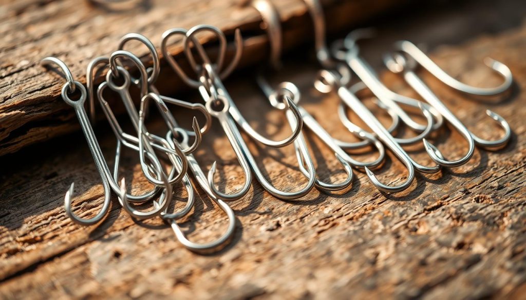 A highly detailed close-up image of an array of fishing hooks in various sizes and styles, including barbed, circle, and treble hooks. The hooks are arranged neatly on a textured, rustic surface, perhaps a weathered wooden tabletop or a natural stone background. The lighting is soft and diffused, creating warm, natural shadows that accentuate the metallic sheen and sharp points of the hooks. The composition emphasizes the hooks' intricate shapes and the craftsmanship involved in their design, conveying a sense of the importance and care required in selecting the right hook for a successful fishing outing.