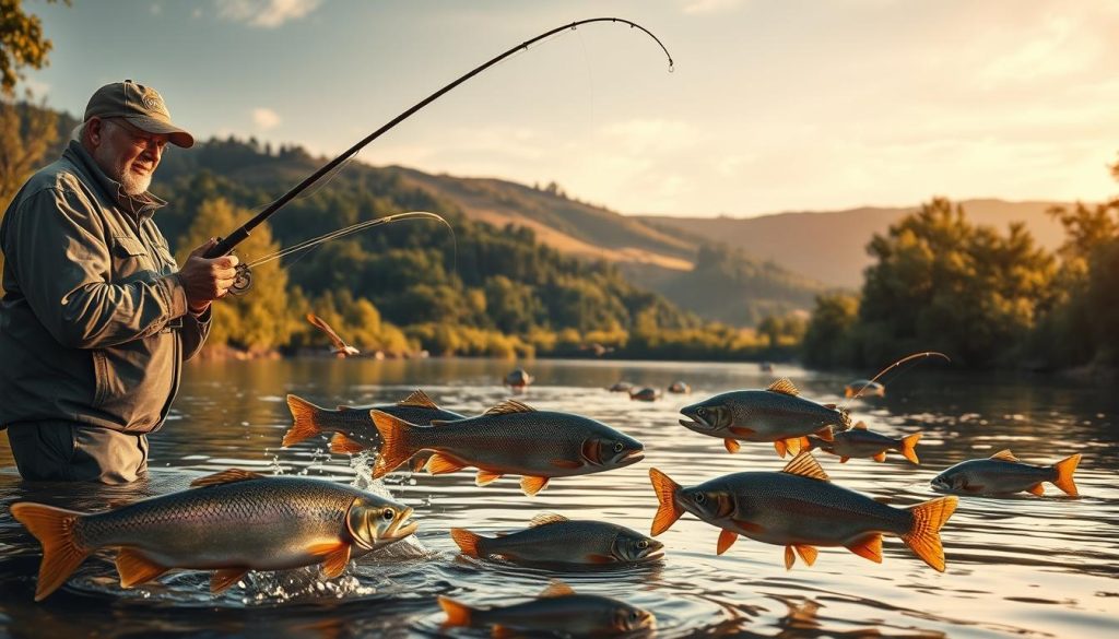 A highly detailed, meticulously crafted scene depicting the proper techniques for catching various fish species. The foreground showcases an experienced angler demonstrating different fishing methods, such as fly casting, baitcasting, and lure retrieval. The middle ground features various fish species swimming in a serene river or lake, with realistic water textures and reflections. The background depicts a picturesque natural setting, with lush foliage, rolling hills, and a warm, golden hour lighting that casts a soft, inviting glow over the entire composition. The overall mood is one of informative instruction, with a sense of tranquility and appreciation for the natural world.