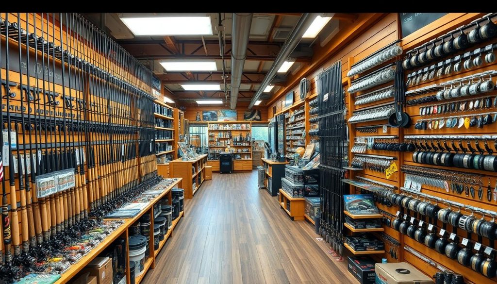A large, well-stocked fishing supply store with a diverse array of rods, reels, lures, and other fishing gear displayed neatly on wooden shelves and racks. The store is brightly lit, with a warm, inviting atmosphere, and has a panoramic view of the shop through large windows. The shelves are organized by product type, with high-quality and premium fishing equipment occupying the prominent positions. The overall impression is one of a comprehensive, premium fishing outfitter catering to the needs of both casual and experienced anglers.