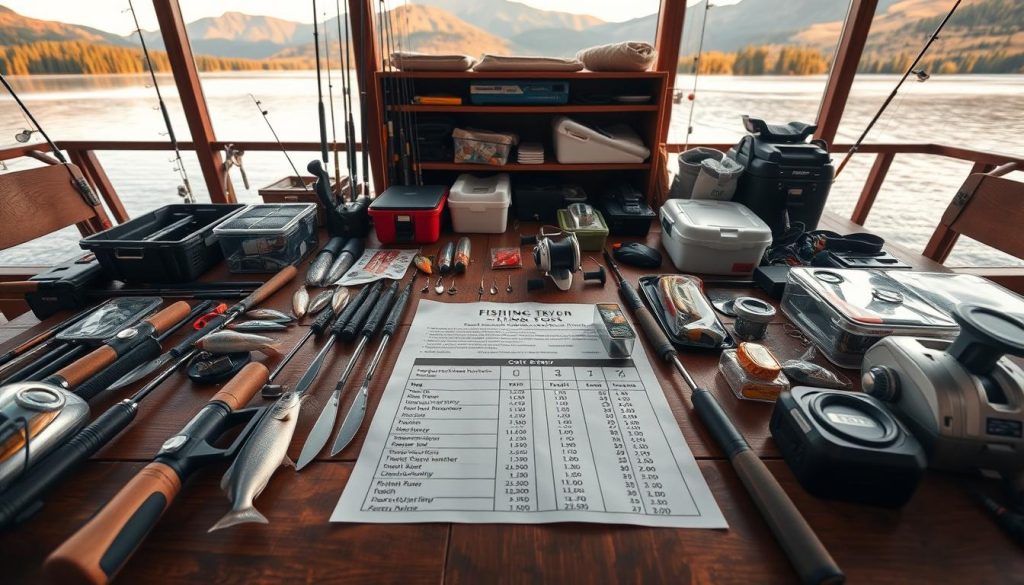 A large wooden table filled with various fishing gear and equipment, such as rods, reels, lures, and tackle boxes. In the middle, a detailed breakdown of the cost of a fishing tour, including items like guide fees, boat rental, bait, and lunch. The background features a serene lake or river setting, with mountains or forests in the distance, casting a warm, golden glow over the scene. The lighting is soft and diffused, creating a cozy, inviting atmosphere that highlights the thoughtful planning and organization involved in a successful fishing tour.