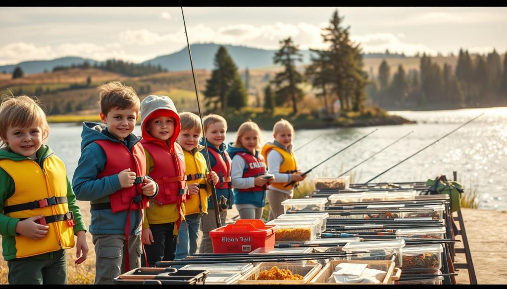 A lively outdoor scene of a fishing competition for children, set against the backdrop of a serene lakeside. In the foreground, a group of eager participants in colorful life jackets and fishing gear stand ready, their eyes gleaming with excitement. The middle ground features an array of fishing rods, tackle boxes, and bait, neatly arranged for easy access. In the background, a picturesque landscape unfolds, with rolling hills, towering trees, and a glistening body of water. Soft, natural lighting filters through the scene, creating a warm and inviting atmosphere. The overall composition conveys a sense of camaraderie, skill, and the joy of engaging with the natural world through the shared experience of fishing.