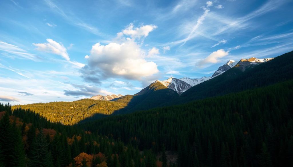 A lush, mountainous landscape under a dramatic sky. In the foreground, rolling hills covered in dense coniferous forests, their deep greens punctuated by the occasional splash of autumn foliage. Towering peaks reach towards the heavens, their snow-capped summits glowing in the golden light of the setting sun. Wispy clouds drift lazily overhead, casting dynamic shadows across the rugged terrain. The air is crisp and cool, with a hint of the earthy scent of pine and damp soil. This is the Carpathian Mountains, a natural wonder of Ukraine, where the climate is a symphony of seasons and the landscape a tapestry of untamed beauty.