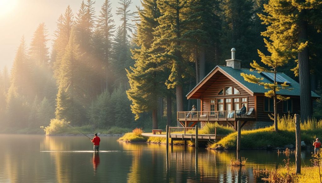 A lush, tranquil lakeside setting with a cozy wooden cabin nestled amidst towering pine trees. Sunlight filters through the canopy, casting a warm, golden glow over the scene. In the foreground, a group of anglers casts their lines into the still, clear waters, their movements evoking a sense of harmony with the natural environment. The cabin's exterior features sustainable design elements, such as solar panels and a green roof, symbolizing the harmonious integration of human habitation and ecological responsibility. The landscape is dotted with native flora, emphasizing the preservation of the local ecosystem. An atmosphere of serenity and environmental stewardship pervades the entire composition.