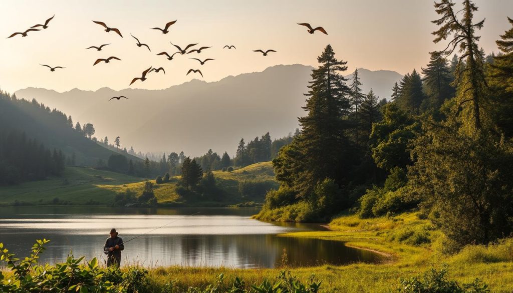 A lush, verdant landscape with a serene lake nestled between rolling hills. In the foreground, a fisherman carefully casts his line, his movements calm and deliberate. Overhead, a flock of birds soar gracefully, their wings catching the soft, golden light of the setting sun. In the middle ground, dense foliage and towering trees frame the scene, creating a sense of tranquility and natural harmony. The background features a hazy, atmospheric mountain range, its peaks capped with snow, reflecting the pristine beauty of the untouched wilderness. The overall scene conveys a sense of restoration, where nature has reclaimed its rightful place, and the balance between human activity and environmental preservation is delicately maintained.