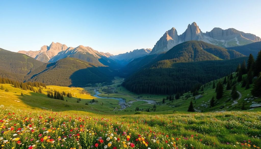 A lush, verdant mountain landscape of the Carpathian range, with towering peaks rising majestically against a crisp, clear sky. In the foreground, a vibrant alpine meadow carpeted with wildflowers in a riot of colors, bathed in warm, golden sunlight. Winding streams and rivers cut through the terrain, their waters sparkling like diamonds. In the middle distance, dense, ancient forests cloak the slopes, their canopy a tapestry of emerald greens. Rugged rock formations and craggy outcroppings punctuate the scenery, hinting at the geological bounty hidden beneath the surface. The overall impression is one of unspoiled natural beauty and immense, untamed power.