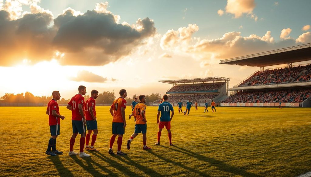 A lush, verdant soccer pitch stretches out, illuminated by warm, golden sunlight filtering through scattered clouds. In the foreground, a group of soccer players in vivid uniforms strategize, their expressions focused as they study the field and discuss intricate tactical formations. The middle ground reveals players in action, deftly maneuvering the ball, their movements fluid and precise. In the background, the outline of a stadium rises, its grandstands filled with enthusiastic fans cheering on the match. An atmosphere of intensity, camaraderie, and the pursuit of victory permeates the scene, capturing the essence of soccer tactics and the drive for success.