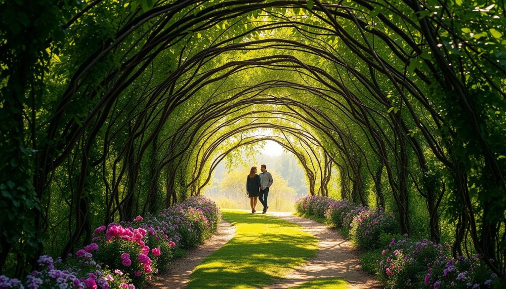 A lush, verdant tunnel of intertwined trees and vines, forming a enchanting archway over a winding path. Soft, diffused sunlight filters through the foliage, casting a warm, romantic glow. The path is lined with vibrant, blooming flowers in hues of pink, purple, and white, creating a dreamy, idyllic scene. In the distance, a couple strolls hand-in-hand, their silhouettes visible through the dappled light, conveying a sense of intimacy and wonder. The composition features a sense of depth, drawing the viewer's eye through the enchanting tunnel and into the wider landscape beyond. The overall atmosphere is one of tranquility, beauty, and the magical allure of nature's embrace.