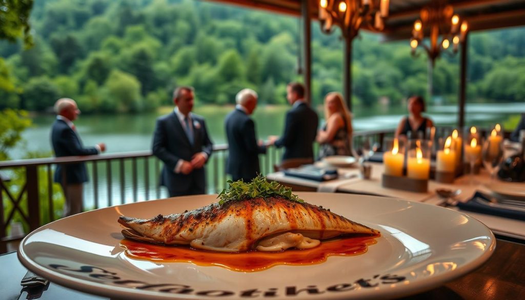 A luxurious culinary masterclass set against the backdrop of an elite fishing retreat. In the foreground, a meticulously prepared seafood dish takes center stage, garnished with fresh herbs and drizzled with a glistening sauce. The midground reveals a group of well-dressed guests engaged in lively discussion, their faces lit by the warm glow of antique chandeliers overhead. The background showcases the serene beauty of the fishing location - a tranquil lake surrounded by lush, verdant forests. The overall atmosphere exudes an air of exclusivity, sophistication, and appreciation for the finer things in life. A luxurious culinary masterclass set against the backdrop of an elite fishing retreat. In the foreground, a meticulously prepared seafood dish takes center stage, garnished with fresh herbs and drizzled with a glistening sauce. The midground reveals a group of well-dressed guests engaged in lively discussion, their faces lit by the warm glow of antique chandeliers overhead. The background showcases the serene beauty of the fishing location - a tranquil lake surrounded by lush, verdant forests. The overall atmosphere exudes an air of exclusivity, sophistication, and appreciation for the finer things in life.
