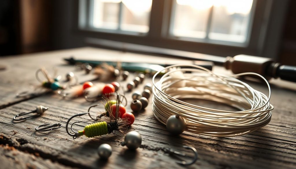 A macro shot of fishing tackle meticulously arranged on a weathered wooden surface. The foreground features a selection of precisely tied hooks, lures, and sinkers in a range of colors and sizes, their intricate details sharply in focus. The middle ground showcases a delicate fishing line coiled neatly, its subtle texture and sheen visible. In the background, a soft, natural light filters through a window, casting a warm, ambient glow over the scene, evoking a sense of tranquility and focus. The overall composition emphasizes the artistry and technicality of the angler's gear, highlighting the care and skill required for successful fishing photography.
