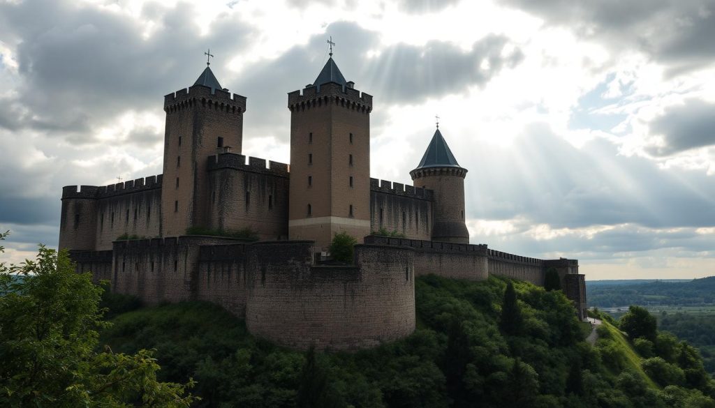 A magnificent medieval fortress stands tall against the backdrop of a cloudy sky, its weathered stone walls and towers casting dramatic shadows. The Khotyn Fortress, a true gem of Ukrainian history, rises majestically on a bluff overlooking the Dniester River. Sunlight filters through the clouds, illuminating the intricate architectural details and the surrounding lush greenery. The scene evokes a sense of timeless grandeur, transporting the viewer back to the days when this fortification guarded the region against invaders. The image should capture the essence of this historic landmark, showcasing its impressive scale, architectural elegance, and the tranquil, yet powerful, atmosphere that permeates the site.