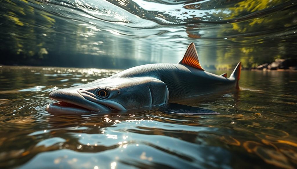A massive, powerful catfish gracefully gliding through a serene, sunlit river. Rippling waves create dappled light and shadows, accentuating the catfish's muscular form and formidable jaws. The fish's whisker-like barbels twitch as it scans the water for prey, its beady eyes focused and alert. Lush, verdant banks line the riverbed, creating a natural, unspoiled setting. Dramatic high-angle perspective emphasizes the catfish's sheer size and dominance as the apex predator of this freshwater ecosystem. A massive, powerful catfish gracefully gliding through a serene, sunlit river. Rippling waves create dappled light and shadows, accentuating the catfish's muscular form and formidable jaws. The fish's whisker-like barbels twitch as it scans the water for prey, its beady eyes focused and alert. Lush, verdant banks line the riverbed, creating a natural, unspoiled setting. Dramatic high-angle perspective emphasizes the catfish's sheer size and dominance as the apex predator of this freshwater ecosystem.