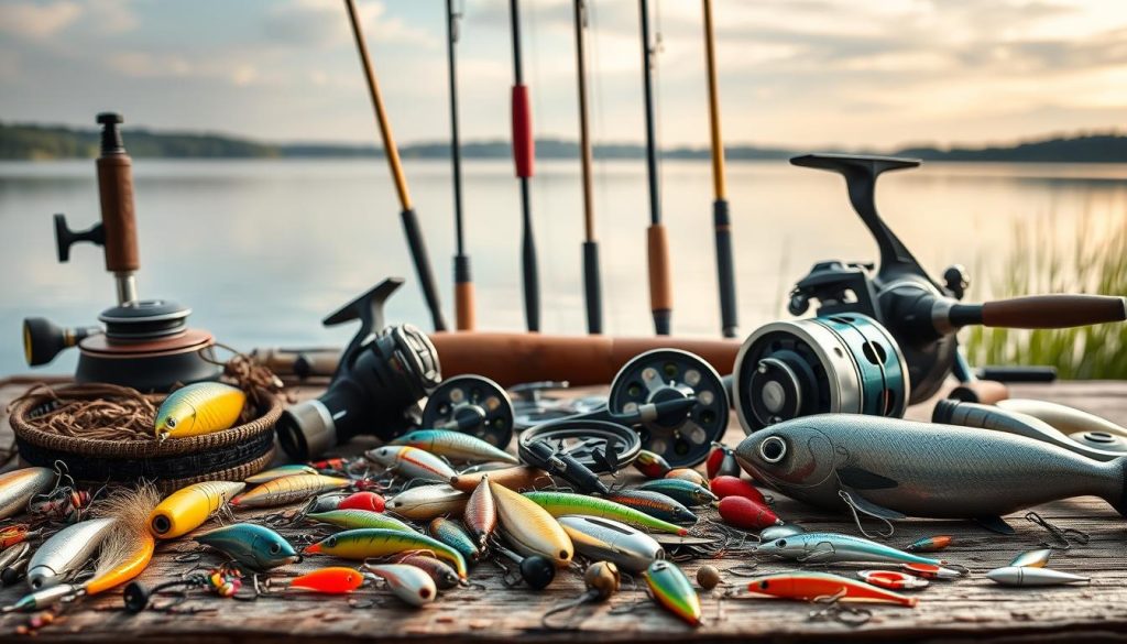 A meticulously arranged still life showcasing an array of fishing equipment for the summer season. In the foreground, various lures, hooks, and sinkers are neatly displayed, their colors and textures exquisitely rendered. In the middle ground, a selection of rods and reels, each with its own distinctive features, stand ready for action. The background depicts a tranquil lakeside scene, with soft lighting and a serene atmosphere, evoking the peaceful solitude of a summer fishing expedition. The overall composition captures the essence of the angler's essential gear, inviting the viewer to visualize the thrill of the chase and the rewards of a successful day on the water.