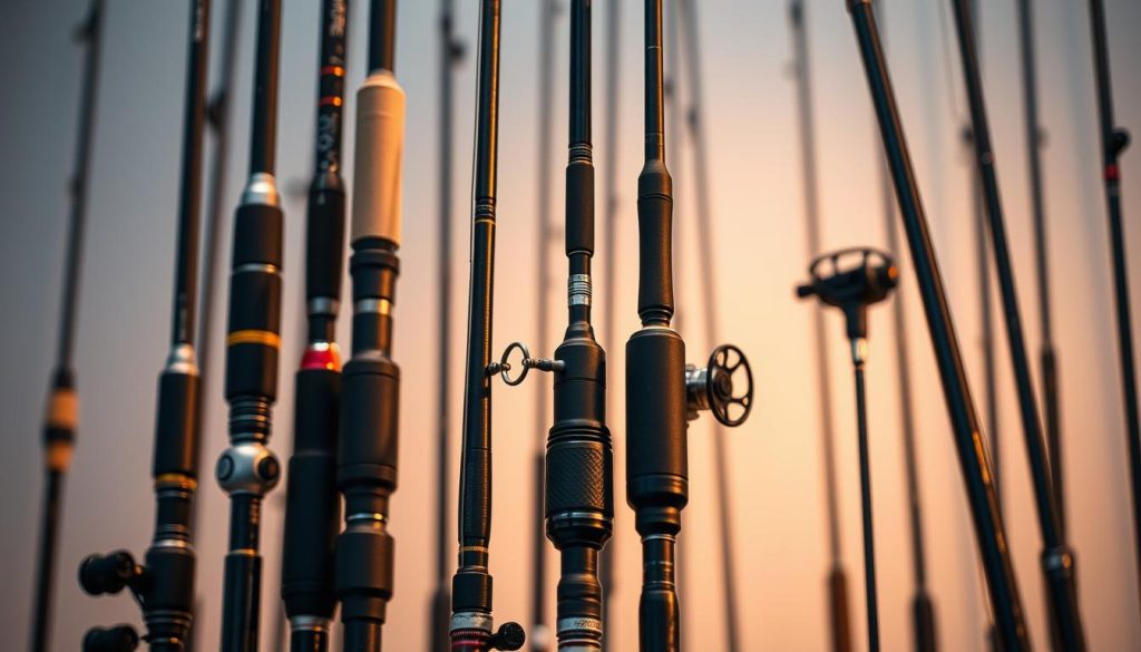 A meticulously crafted display of fishing rods, showcasing their intricate design and technical features. In the foreground, a selection of high-quality graphite and carbon fiber rods stands tall, their sleek silhouettes accentuated by soft, warm lighting. The middle ground reveals a variety of reel seats, guides, and specialized components, each element contributing to the rod's performance and functionality. The background fades into a blurred, neutral tone, allowing the fishing rods to take center stage and command the viewer's attention. The overall scene conveys a sense of expertise, precision, and the passion for the art of angling, perfectly aligning with the section's focus on "Выбор удилища: ключевые аспекты".