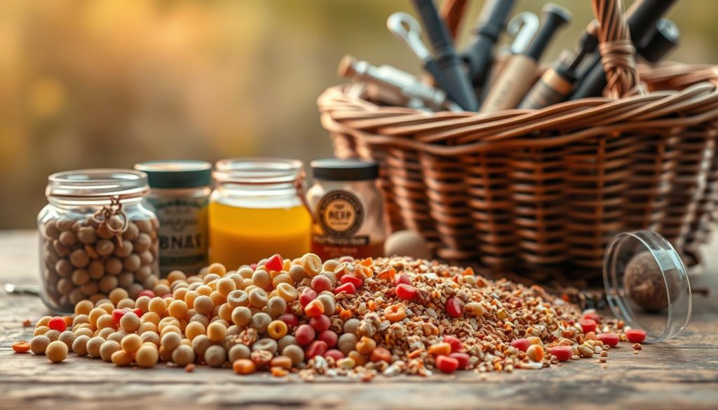 A meticulously crafted still life scene depicting an assortment of ready-made carp baits. In the foreground, a variety of brightly colored pellets, boilies, and ground baits are arranged on a natural wood surface, their textures and alluring scents hinting at their appeal to the discerning carp. The middle ground features a few clear glass jars filled with aromatic liquid additives, their labels promising enhanced flavor and attraction. Against a softly blurred background, a rustic wicker basket overflows with an array of specialized carp fishing accessories, suggesting the care and attention required to create the perfect groundbait. The warm, golden lighting casts a gentle glow, evoking a sense of tranquility and the peaceful pursuit of these majestic freshwater fish.