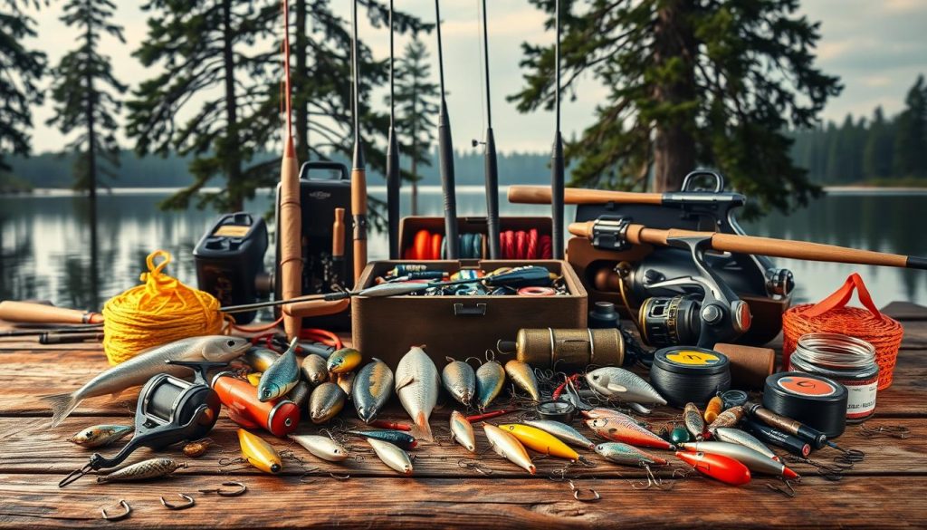 A meticulously crafted still life scene showcasing a diverse array of fishing gear and equipment. In the foreground, an array of lures, hooks, and fishing line are artfully arranged on a rustic wooden surface, illuminated by soft, natural-looking lighting. In the middle ground, a selection of rods, reels, and tackle boxes are displayed, each item captured with precise detail. The background features a tranquil lake or river landscape, with towering trees and a serene, reflective surface, evoking a sense of peaceful solitude and the joy of the sport. The overall composition conveys the passion and expertise of the dedicated angler, inviting the viewer to immerse themselves in the world of fishing.