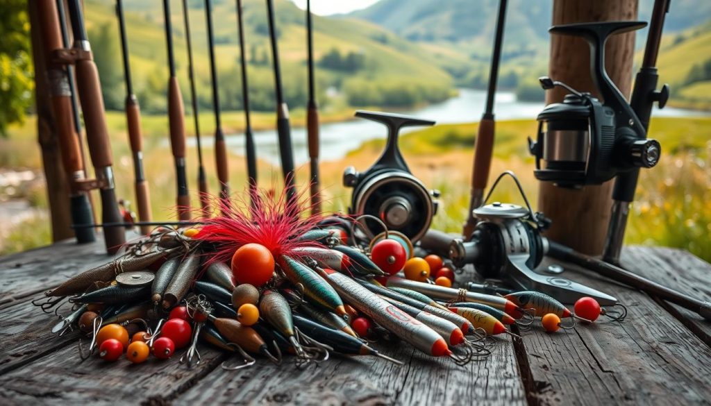 A meticulously crafted still life showcasing an assortment of traditional Ukrainian fishing tackle. In the foreground, a collection of well-worn lures, hooks, and bobbers in a range of vibrant colors lie atop a weathered wooden table. Behind them, a variety of rods and reels of varying sizes and designs stand upright, their sleek metallic components glinting softly under the warm, natural lighting. In the background, a lush, verdant landscape with gently rolling hills and a tranquil river sets the scene, creating a serene and inviting atmosphere that evokes the peaceful solitude of a day spent by the water. A meticulously crafted still life showcasing an assortment of traditional Ukrainian fishing tackle. In the foreground, a collection of well-worn lures, hooks, and bobbers in a range of vibrant colors lie atop a weathered wooden table. Behind them, a variety of rods and reels of varying sizes and designs stand upright, their sleek metallic components glinting softly under the warm, natural lighting. In the background, a lush, verdant landscape with gently rolling hills and a tranquil river sets the scene, creating a serene and inviting atmosphere that evokes the peaceful solitude of a day spent by the water.