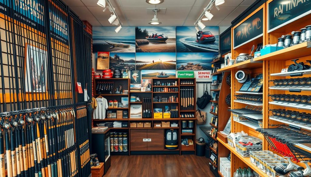 A meticulously designed storefront showcasing an assortment of fishing equipment, with shelves brimming with rods, reels, lures, and other tackle. The interior is bathed in warm, natural lighting, creating a welcoming atmosphere. Tasteful displays and signage highlight the shop's key products and services, showcasing the expertise and attention to detail that customers can expect. In the background, a carefully curated selection of fishing-related imagery, such as scenic landscapes or action shots, subtly reinforces the store's commitment to the sport. The overall composition conveys a sense of professionalism, quality, and a deep understanding of the needs and preferences of the discerning fishing enthusiast.