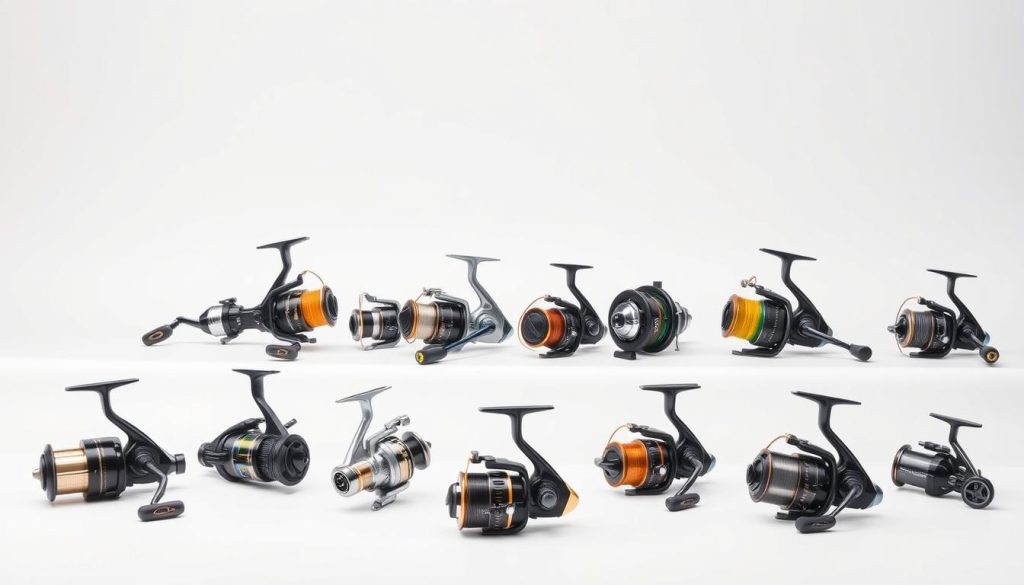 A meticulously detailed comparison of the latest feeder fishing reel models for 2025, showcased against a clean white backdrop. Foreground features an array of high-end reels with sleek, modern designs, highlighting their key specifications and innovations. Midground includes a variety of reel sizes, weights, and spool capacities to illustrate the diversity of options. The background subtly gradients to a soft grey, placing emphasis on the reels and creating a professional, technical atmosphere. Lighting is soft and evenly distributed, capturing the reflective surfaces and intricate mechanisms of the reels in crisp, high-resolution detail.