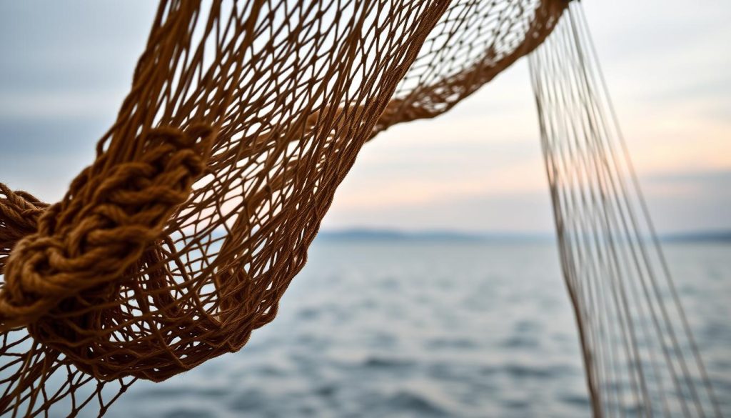 A meticulously detailed fishing net cast against a serene, overcast sky. The foreground features the intricate web of knotted cords, their shimmering texture and warm, amber hues capturing the artisanal craftsmanship. In the middle ground, the net's expansive form casts dramatic shadows, lending a sense of depth and scale. The background slowly fades into a softly diffused, misty horizon, evoking a tranquil, contemplative atmosphere. Lit by a natural, even illumination that accentuates the net's volumetric qualities, the scene conveys the essential tools and techniques of traditional fishing methods.