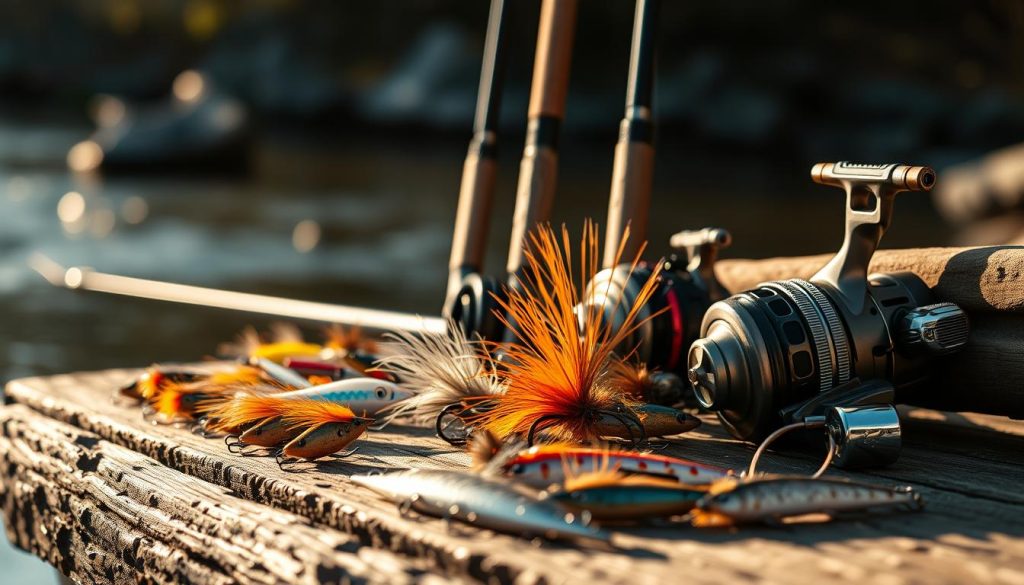 A meticulously detailed still life, capturing the essence of angling equipment for trout and grayling. In the foreground, an array of lures and flies sit atop a weathered wooden surface, their colors and textures alluringly showcased. In the middle ground, fishing rods and reels stand upright, their sleek silhouettes hinting at the precision and power required for these finesse-driven pursuits. The background gently fades into soft shadows, allowing the viewer's focus to remain on the elegant tools of the trade. Warm, natural lighting casts a golden glow, evoking the tranquil ambiance of a riverbank setting. This image conveys the passion, skill, and reverence required for the successful pursuit of trout and grayling.
