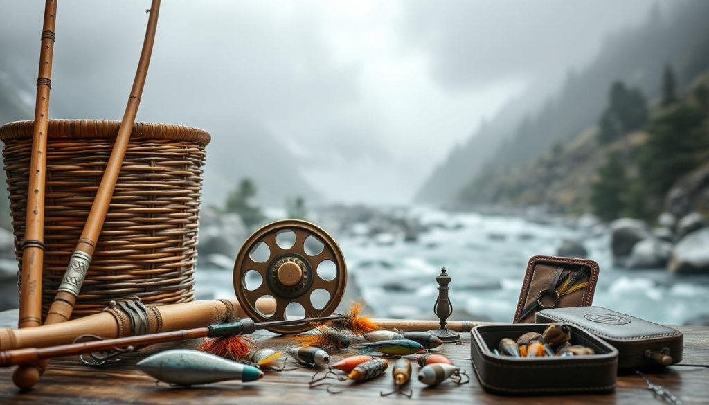 A meticulously detailed still life of fishing gear for mountain streams. In the foreground, a handcrafted bamboo fly rod, a wicker creel, and a vintage reel with an ornate brass frame. Middle ground features a collection of artisanal lures, hand-tied flies, and a moleskin fly box. The background is a misty alpine landscape with snow-capped peaks and a rushing river. Soft, diffused lighting from an overhead skylight creates a serene, contemplative mood. The overall composition conveys the essence of time-honored mountain fly fishing traditions.