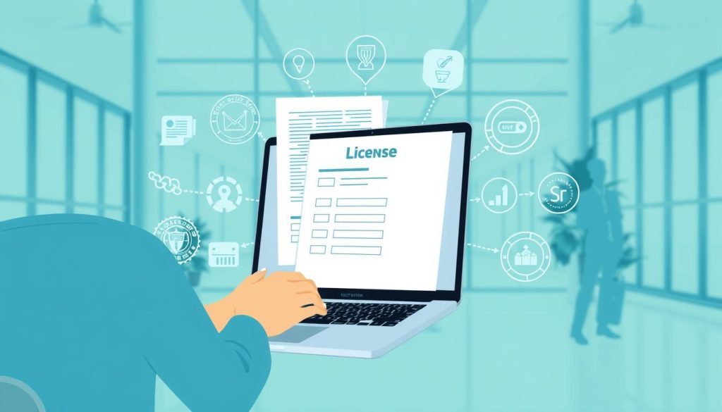 A modern and professional-looking illustration of the process of obtaining a license. In the foreground, a person is filling out an online application form on a sleek laptop. The middle ground features various official-looking documents, seals, and icons representing the licensing authority. The background depicts a clean and minimalist office space with large windows, allowing natural light to flood the scene. The overall composition conveys a sense of efficiency, convenience, and transparency in the online licensing process.