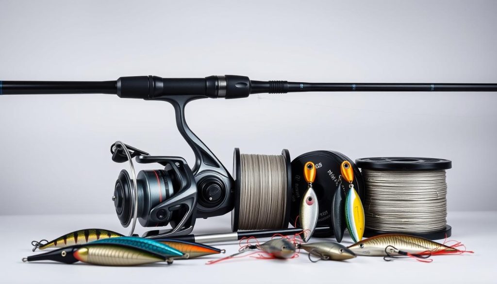 A neatly arranged display of high-quality fishing tackle for long-distance casting, including a sleek modern spinning reel, a graphite rod with a streamlined profile, a spool of durable braided line, and an assortment of aerodynamic lures and plugs. The setup is positioned against a plain backdrop, allowing the gear to take center stage under soft, even lighting that accentuates the textures and contours of the premium components. The overall scene conveys a sense of precision, performance, and anticipation for an optimal casting experience.