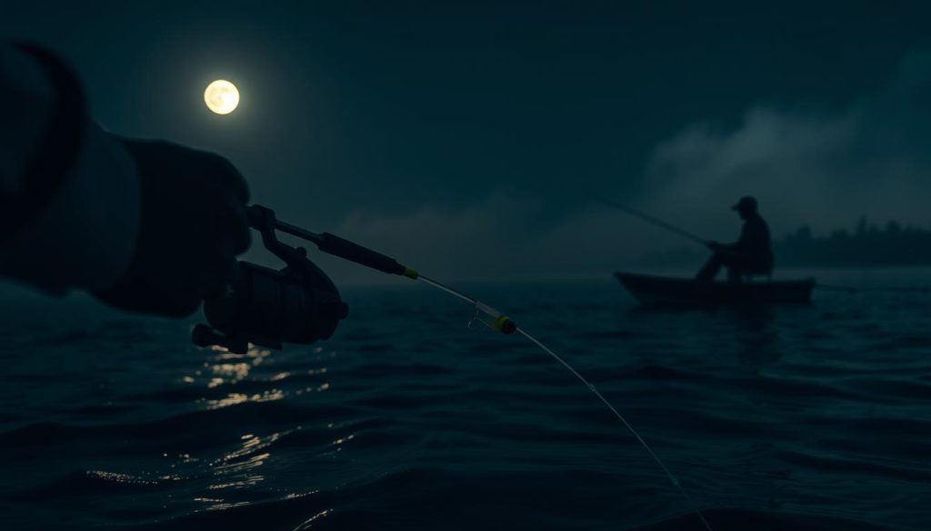 A night fishing scene with a skilled angler carefully manipulating the lure during a night bass hunt. The foreground features the angler's hands delicately working the rod and reel, the lure gliding through the dark, rippling waters. The middle ground shows the angler's silhouette against a moonlit backdrop, the boat gently rocking on the surface. In the background, the shoreline is obscured by a hazy mist, creating an atmospheric, moody ambiance. Low-angle lighting casts dramatic shadows, enhancing the intensity of the night fishing experience. The overall composition conveys the tranquility and focus required for successful night bass fishing tactics.