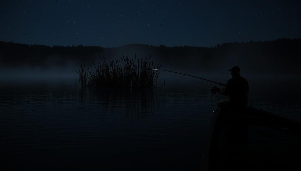 A nighttime scene on a serene lake, the surface reflecting the stars above. In the foreground, a fisherman carefully casts his line, his movements precise and calculated. The water laps gently against the boat, the only sound breaking the stillness. In the middle ground, the silhouettes of tall reeds sway gently, creating a natural barrier. The background is shrouded in a soft, misty glow, hinting at the surrounding forest. The lighting is low and atmospheric, casting long shadows and creating a sense of mystery. The scene conveys the patience, skill, and dedication required for successful night-time pike fishing.