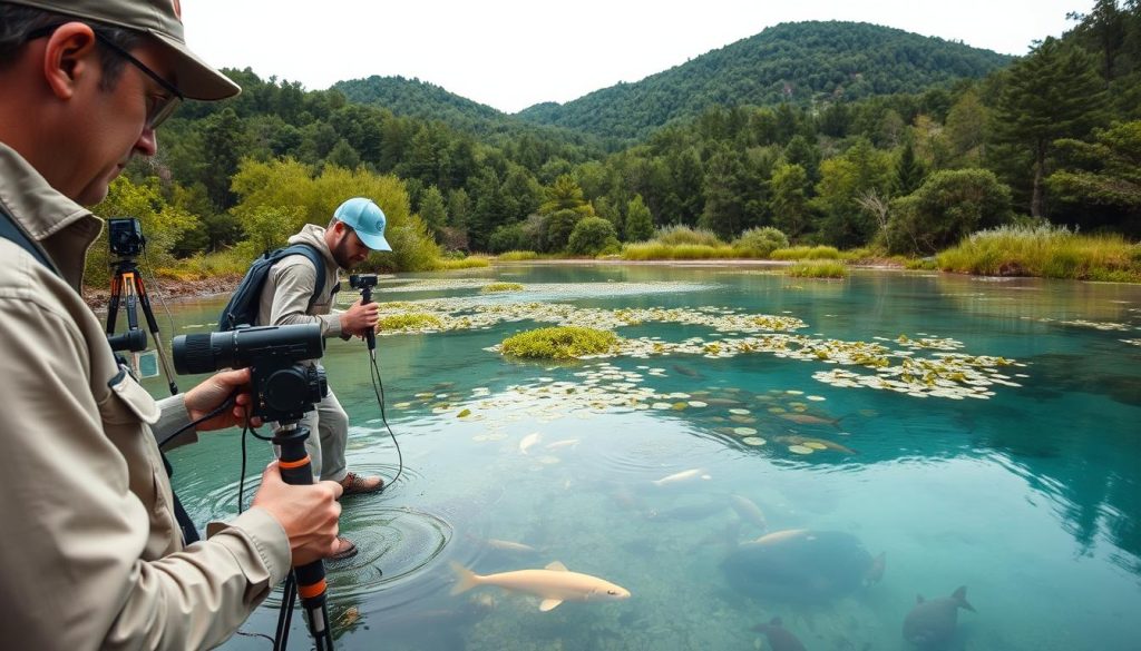 A panoramic outdoor scene depicting a freshwater ecosystem under close scientific observation. In the foreground, researchers in field gear are carefully monitoring water samples and taking measurements with professional-grade equipment. The middle ground features a variety of aquatic flora and fauna, with fish, aquatic plants, and other wildlife thriving in the clear, teal-colored waters. In the background, lush green forests and hills create a serene, natural backdrop. The lighting is soft and diffused, conveying a sense of peaceful scientific inquiry. The overall atmosphere is one of diligent environmental research aimed at preserving the delicate balance of this aquatic habitat.
