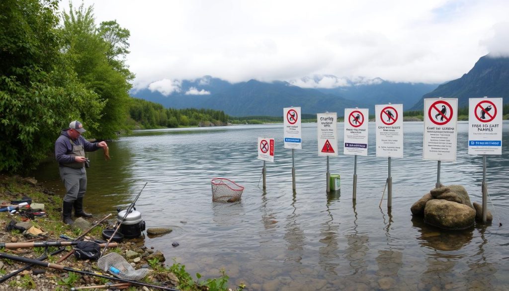 A panoramic view of a peaceful river bank, with lush green foliage lining the shores. In the foreground, a fisherman stands waist-deep in the water, carefully examining a recently caught crayfish. Fishing rods, nets, and other equipment are neatly organized on the riverbank. In the middle ground, a series of regulatory signs and notices clearly outline the restrictions and prohibitions on crayfish harvesting in the area. The background is dominated by a majestic mountain range, its peaks shrouded in wispy clouds. The overall scene conveys a sense of tranquility, balanced with the necessary guidelines and limitations imposed on recreational crayfish fishing.