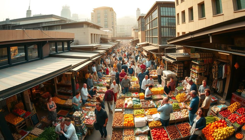 A panoramic view of a vibrant marketplace, bustling with activity. In the foreground, a diverse array of seasonal goods, from fresh produce to handcrafted wares, capturing the ebb and flow of consumer demand. In the middle ground, a sea of shoppers, their movements and expressions reflecting the dynamic nature of the market. The background features a blend of modern and traditional architecture, hinting at the interplay between the old and the new. Warm, diffused lighting casts a golden glow, evoking a sense of warmth and energy. Captured through a wide-angle lens, the scene conveys the interconnected nature of supply and demand, the rhythms of the seasons, and the ever-evolving landscape of commerce.