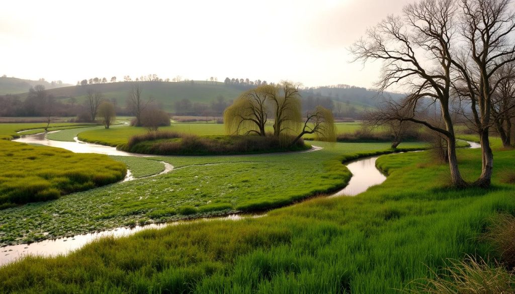 A panoramic view of the Danube Biosphere Reserve, a lush wetland sanctuary in Southern Ukraine. In the foreground, a tranquil river winding through verdant marshes and reeds, teeming with diverse aquatic life. In the middle ground, rolling hills dotted with ancient oak and willow trees provide a serene backdrop. The sky above is bathed in a warm, golden glow, creating a serene and atmospheric scene. The camera angle is slightly elevated, capturing the depth and scale of this natural wonder. The overall mood is one of serene beauty and ecological harmony, showcasing the biodiverse splendor of this jewel of the Ukrainian south.