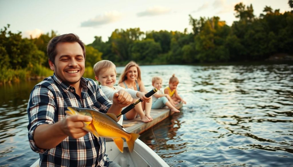 A peaceful family fishing excursion on a tranquil river. In the foreground, a father and child enthusiastically reel in their catch, their faces beaming with delight. The middle ground features a mother and younger child seated on the riverbank, taking in the serene scenery. In the background, lush green foliage and a cloudless sky create a picturesque natural setting. Warm, soft lighting casts a golden glow, evoking a sense of calmness and togetherness. The scene is captured through a wide-angle lens, showcasing the family's immersion in the tranquil fishing experience.
