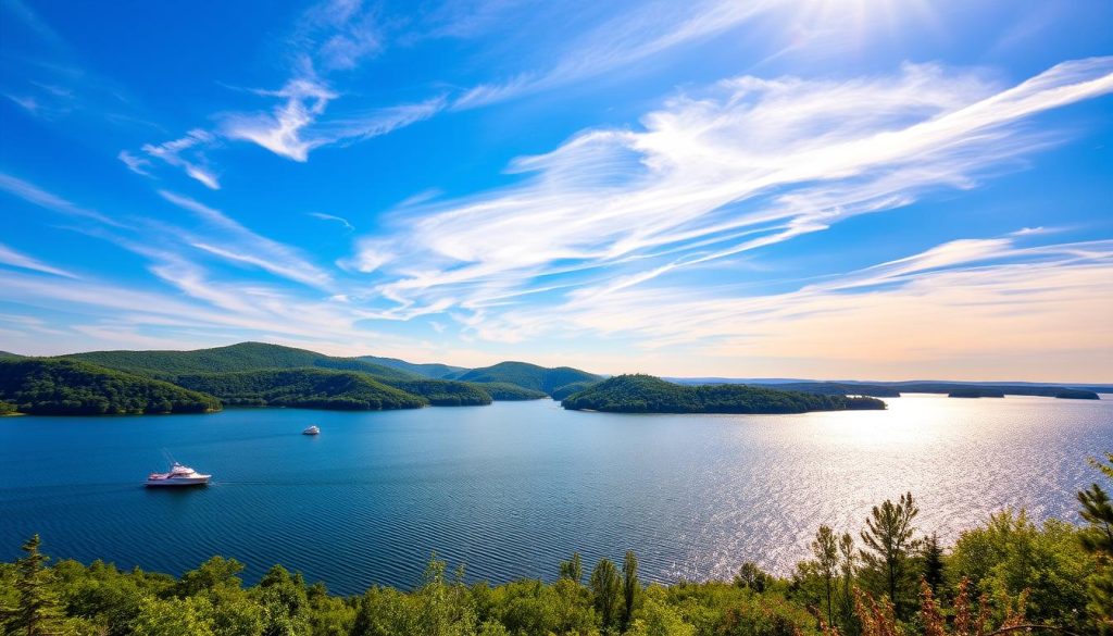 A peaceful lakeside landscape with the Karachunovskoye Reservoir shimmering in the foreground. Lush green hills and trees frame the serene waters, which are dotted with small fishing boats. The sky is a brilliant azure, with wispy clouds drifting overhead, creating a tranquil and picturesque atmosphere. Warm, golden sunlight filters through the scene, casting a soft, natural glow. The camera angle captures the grandeur of the reservoir, highlighting its scale and the surrounding natural beauty. This idyllic setting evokes a sense of relaxation and the perfect backdrop for a day of fishing and outdoor recreation.