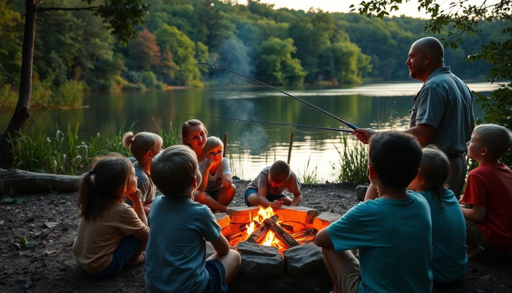 A peaceful lakeside scene, with children gathered around a campfire, intently listening to an adult fishing instructor demonstrating proper casting technique. The foreground shows several kids, their faces alight with wonder, eagerly absorbing the lesson. In the middle ground, the instructor stands, patiently guiding them, while the background depicts a tranquil lake surrounded by lush, verdant foliage bathed in the warm glow of the setting sun. The atmosphere is one of discovery, camaraderie, and a deep connection to the natural world, capturing the essence of the benefits children can derive from a fishing camp experience.