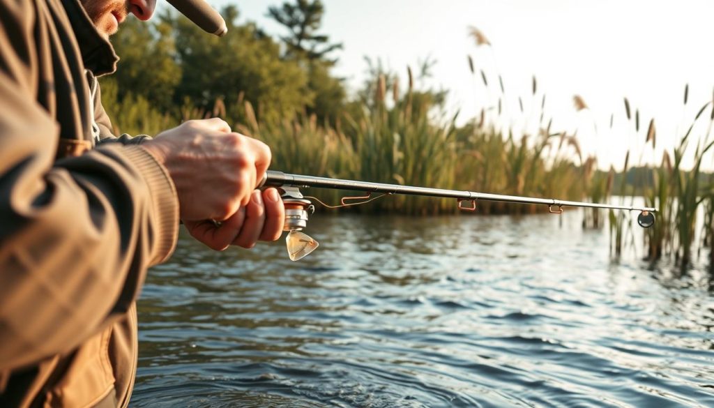 A peaceful river scene with a fisherman intently focused on his rod, surrounded by lush vegetation and a serene sky. In the foreground, the fisherman's hands deftly handle his tackle, his expression one of concentration as he waits patiently for a strike. The middle ground features the calm waters of the river, rippling gently and reflecting the surrounding landscape. In the background, tall reeds and cattails sway in a gentle breeze, creating a natural and tranquil environment. The lighting is soft and diffused, creating a warm, golden hue that enhances the peaceful atmosphere. The composition is well-balanced, drawing the viewer's eye towards the fisherman and the act of fishing, an embodiment of the practical advice for catching zander.