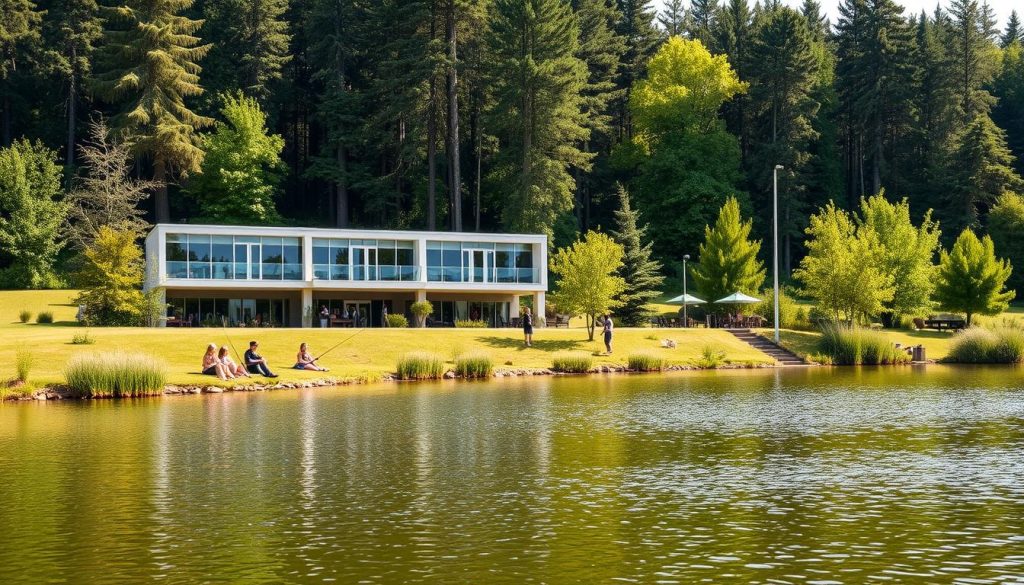 A peaceful, well-equipped health resort nestled amidst serene nature. In the foreground, a picturesque pond with families leisurely fishing from the banks, their lines gently cast into the calm waters. In the middle ground, a modern, two-story building with a sleek, contemporary design, its wide windows reflecting the lush greenery that surrounds it. The background features a dense forest, its towering trees casting a gentle, dappled light over the entire scene. The overall atmosphere is one of tranquility and relaxation, perfectly capturing the essence of a comfortable, family-friendly getaway with ample opportunities for fishing and outdoor recreation.
