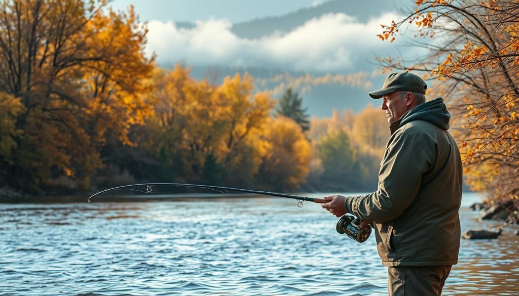 A picturesque autumn fishing scene along the banks of a tranquil Ukrainian river. In the foreground, a seasoned angler casts his line into the gently rippling waters, his expression focused and determined. The middle ground reveals the lush, golden foliage of surrounding trees, their leaves drifting lazily in the crisp, cool breeze. In the distance, a gentle mist clings to the hills, creating a serene and atmospheric backdrop. The lighting is soft and diffused, casting a warm, autumnal glow over the entire tableau. The mood is one of peaceful solitude and the thrill of the hunt, as the angler seeks to land the trophy catch that eludes him.
