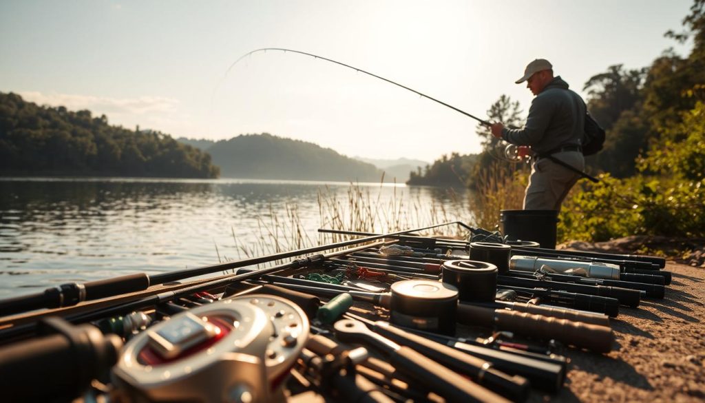 A picturesque lakeside landscape, with a skilled guide casting a line into the glimmering waters. In the foreground, an array of fishing gear and equipment, meticulously arranged, hints at the expertise and care of the Fish Guide. The middle ground showcases a serene, natural setting, with lush foliage and a tranquil atmosphere, inviting the viewer to imagine the thrill of the catch. Warm, golden sunlight filters through the scene, casting a gentle glow and creating a sense of peaceful relaxation. The overall composition conveys the perfect harmony between nature, skill, and the joy of the fishing experience, capturing the essence of why one should choose a guided fishing tour with Fish Guide.