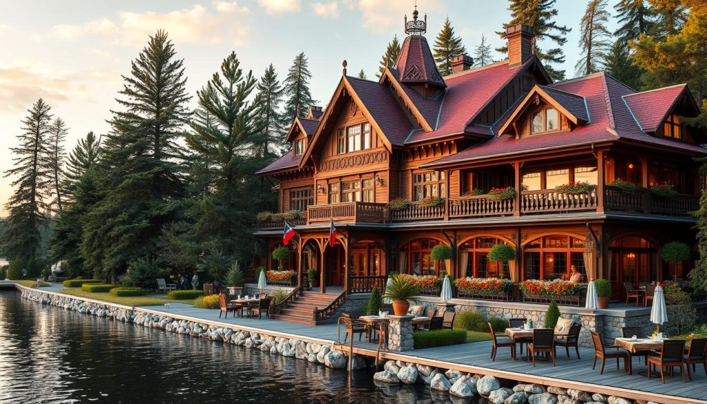 A picturesque lakeside resort with a charming restaurant-hotel complex. The main building is a grand, two-story structure with a traditional Russian architectural style, featuring ornate gabled roofs, colorful turrets, and intricate woodcarvings. The entrance is flanked by towering pines, creating a serene and welcoming ambiance. Guests can enjoy panoramic views of the tranquil lake from the hotel's balconies and terraces, which are adorned with lush greenery and flower beds. The restaurant offers a cozy, rustic atmosphere with an open kitchen showcasing the preparation of fresh, local cuisine. Soft, natural lighting filters through large windows, accentuating the warm, inviting atmosphere. The overall scene evokes a sense of peaceful seclusion, perfect for a family getaway amid the natural beauty of the surrounding landscape.