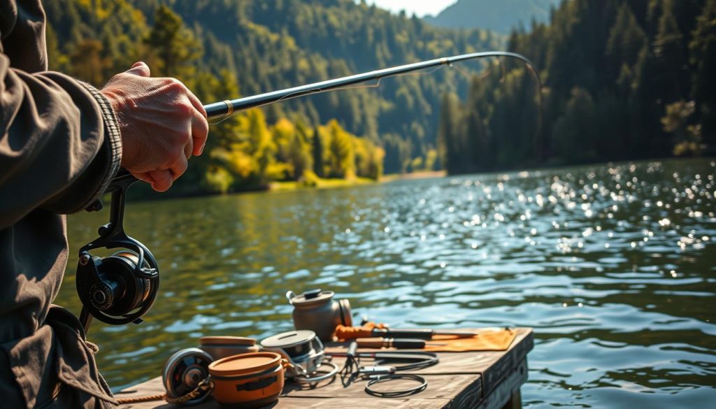 A picturesque lakeside scene in the Carpathian mountains, with a skilled fisherman casting a line into the calm, glistening waters. The foreground features the fisherman's weathered hands expertly maneuvering the rod, while the middle ground showcases a variety of fishing gear and tackle meticulously arranged on a small wooden dock. In the background, a lush, verdant forest frames the serene landscape, with sunlight filtering through the canopy and casting a warm, golden glow over the tranquil setting. The overall mood is one of peaceful contemplation and the harmonious coexistence of man and nature, capturing the essence of successful fishing in the Carpathian and Black Sea regions.
