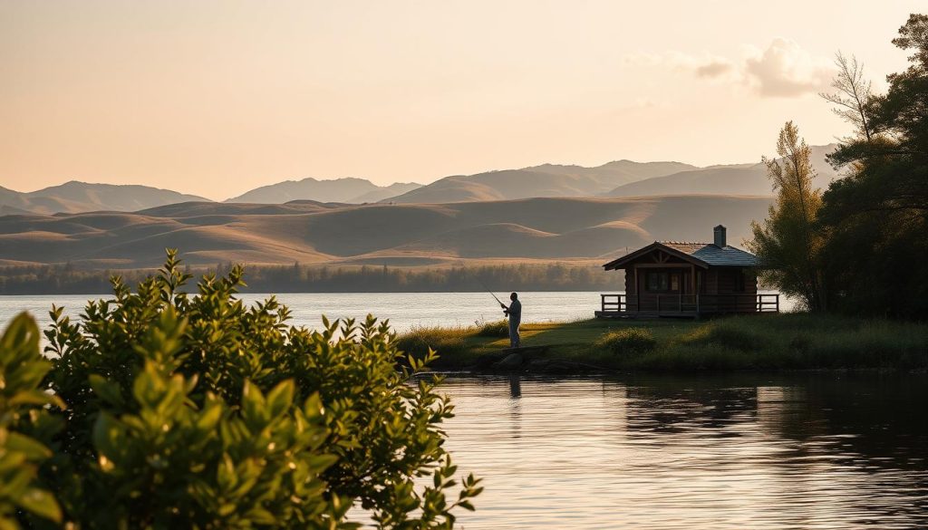 A picturesque lakeside scene with a serene atmosphere. In the foreground, a fisherman casts his line into the tranquil waters, surrounded by lush, verdant foliage. The middle ground features a well-appointed fishing cabin or shack, its rustic charm complementing the natural setting. In the background, rolling hills and a cloudless sky provide a majestic backdrop, creating a sense of peaceful isolation. The lighting is warm and golden, casting a soft glow over the entire scene. The camera angle is slightly elevated, allowing for a panoramic view that showcases the ideal location for a peaceful, productive fishing trip.