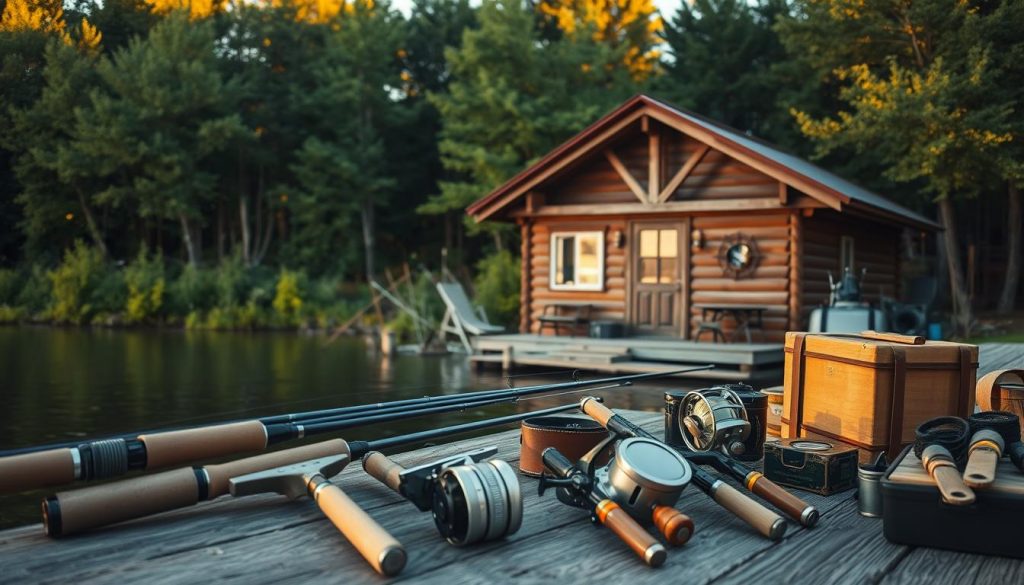 A picturesque lakeside scene, with a small rustic cabin nestled among the lush, verdant foliage. In the foreground, an array of fishing equipment is laid out, including rods, reels, and tackle boxes, suggesting the additional services available to anglers. The cabin's exterior features a charming porch, where a guide or outfitter might greet visitors and discuss the day's activities. Warm, golden sunlight filters through the trees, casting a tranquil and inviting atmosphere. The overall composition evokes a sense of adventure, relaxation, and the quintessential Ukrainian fishing experience.