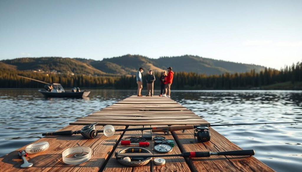 A picturesque lakeside setting, with a weathered wooden dock extending into the calm, reflective waters. In the foreground, fishing gear and tackle are neatly arranged, hinting at the upcoming adventure. The middle ground features a group of experienced anglers engrossed in animated discussion, sharing their expertise and recommendations. In the distance, a panoramic vista of lush, rolling hills and towering evergreens sets the stage for an immersive, nature-centric fishing excursion. Soft, golden-hour lighting casts a warm, inviting glow, capturing the serene atmosphere and the careful consideration of the perfect fishing tour.